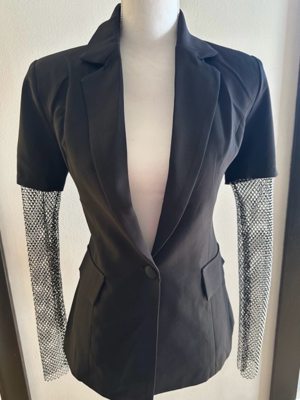 Black Blazer with Mesh Rhinestones Sleeves, NWT